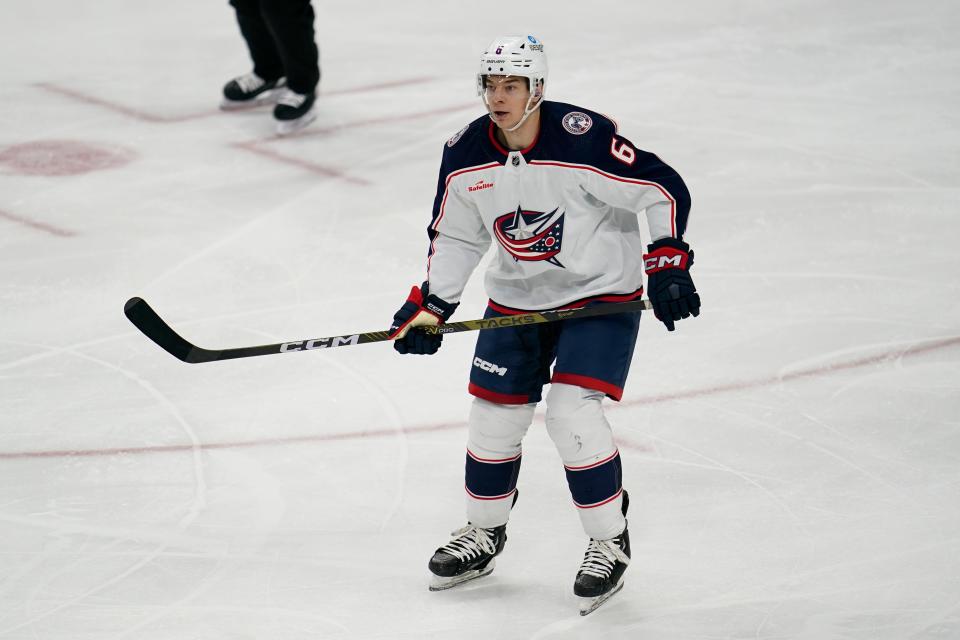 Columbus Blue Jackets defenseman Billy Sweezey (6) skates during the third period of his NHL debut in an NHL hockey game against the Minnesota Wild, Sunday, Feb. 26, 2023, in St. Paul, Minn. (AP Photo/Abbie Parr)