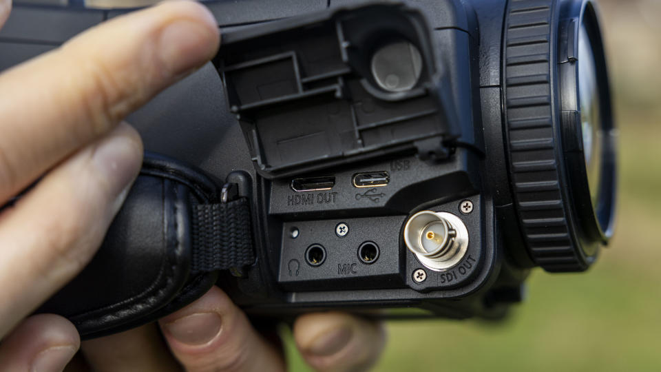 The HDMI-out, USB-C and mic ports on the Canon XA75 camcorder