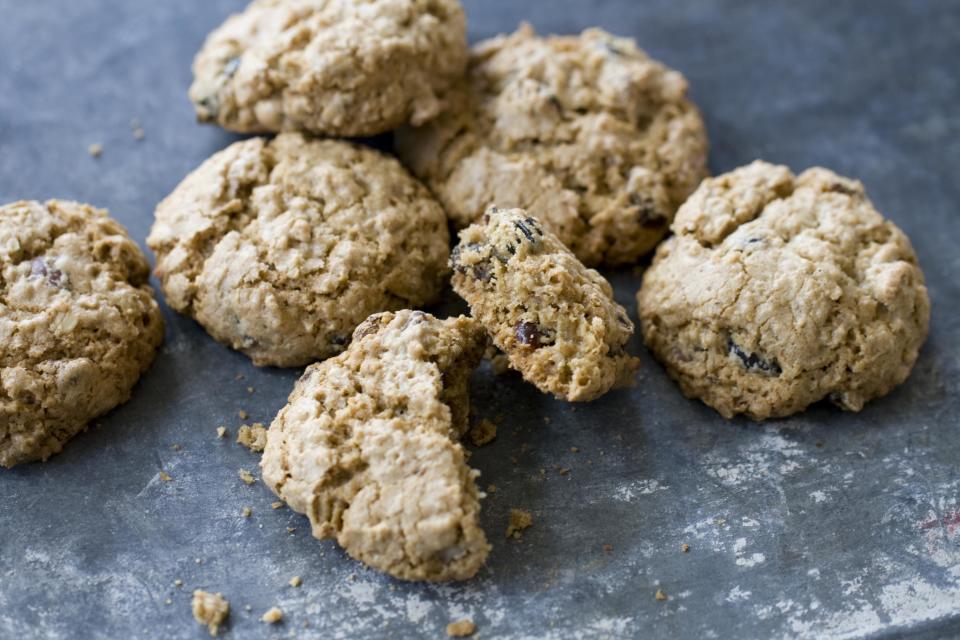 This Oct. 28 , 2013 photo shows double the oats oatmeal cookies in Concord, N.H. These double-the-oats oatmeal cookies are so jammed with oats, making them tender and wonderfully chewy and rich. (AP Photo/Matthew Mead)