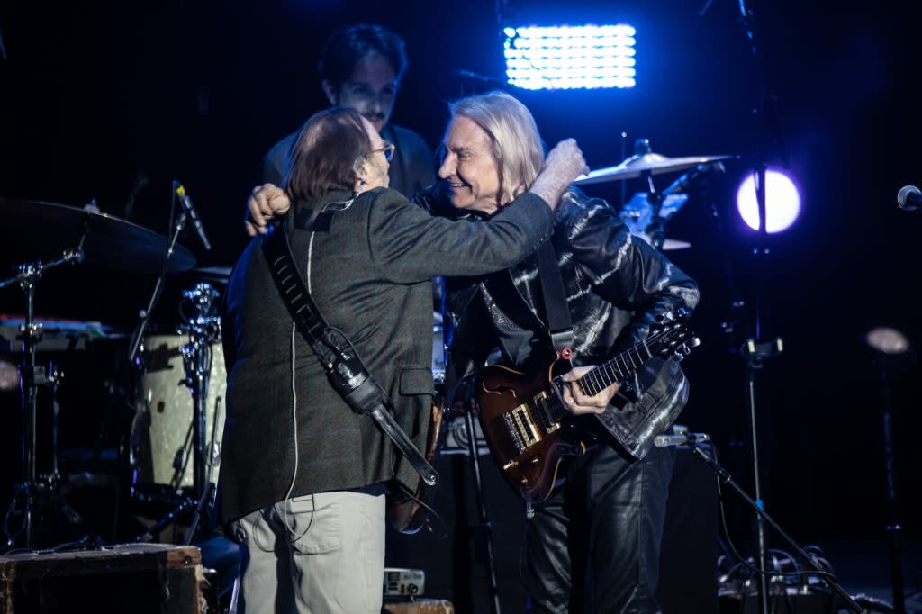 LOS ANGELES, CALIFORNIA - APRIL 22: (L-R) Stephen Stills and Joe Walsh perform at the Autism Speaks Light Up The Blues 6 Concert at The Greek Theatre on April 22, 2023 in Los Angeles, California. (Photo by Harmony Gerber/Getty Images)