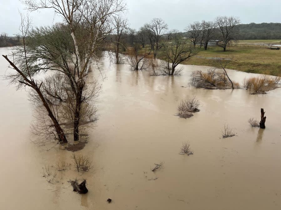 View of the Colorado River from Highway 77 in La Grange after heavy rains moved through Fayette County on Jan. 24, 2023. (KXAN Photo/Todd Bailey)
