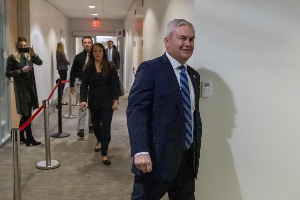 Rep. James Comer, R-Ky., arrives for a Hunter Biden closed door private deposition with House committees leading the President Biden impeachment inquiry, on Capitol Hill, Wednesday, Feb. 28, 2024, in Washington. (AP Photo/Alex Brandon)