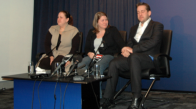 The three children, Vanessa Goudge, Rebecca Goudge and Adam Goudge of 61-year-old Melbourne grandmother Brenda Goudge make a tear-filled plea for information on the murder of their mother whose body was found in the backyard of her Wantirna South home on July 8, Melbourne, Thursday, Aug. 18, 2011. Photo: AAP