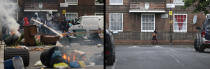 LONDON, ENGLAND - JULY 23: In this composite image (Left Photo) Rioters set fire to barricades they constructed in Goulton Road, Hackney on August 8, 2011 in London, England. (Right Photo) Daily life in Goulton Road in Hackney, one year on from the riots. August 6th marks the one year anniversary of the England riots, over the course of four days several London boroughs, and districts of cities and towns around England suffered widespread rioting, looting and arson as thousands took to the streets. (Dan Istitene/Peter Macdiarmid/Getty Images)