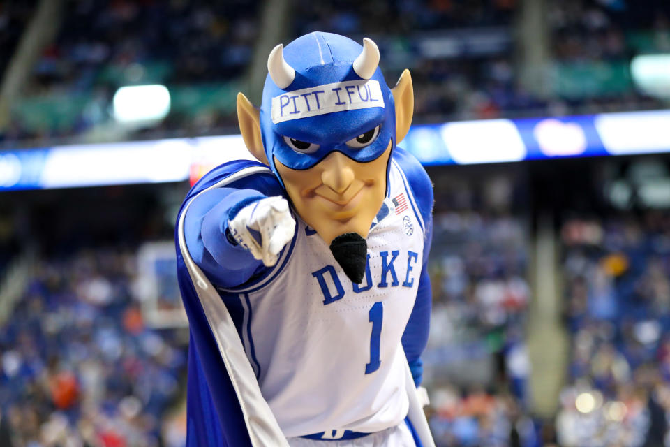 GREENSBORO, NC - MARCH 09: The Duke Blue Devils mascot points to the camera during a time out during the ACC Tournament between the Duke Blue Devils and the Pittsburgh Panthers on March 9, 2023 at Greensboro Coliseum in Greensboro, NC. (Photo by David Jensen/Icon Sportswire via Getty Images)