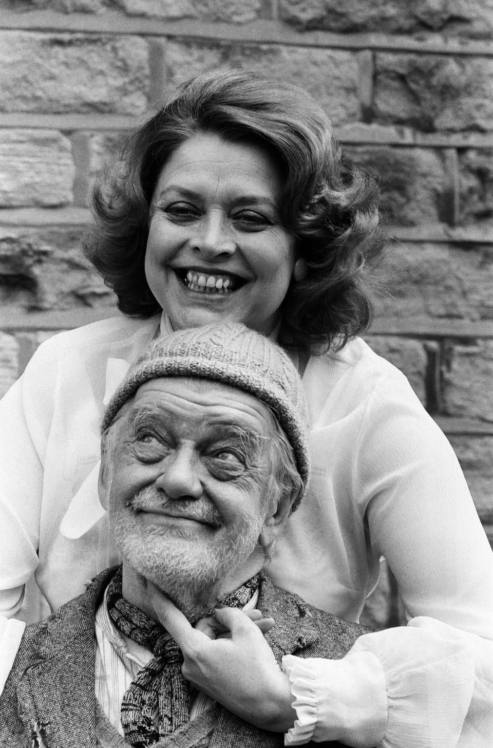 Lynda Baron (Lilly Bless Her) and Bill Owen (Compo) on the set of 'Last of the Summer Wine'. 27th May 1983.