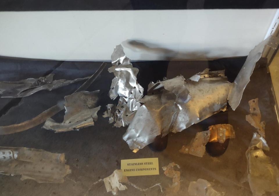 Pieces of metal from the engine of the B-52 bomber that crashed near Denton in 1961 is displayed at the Denton Farm Park.