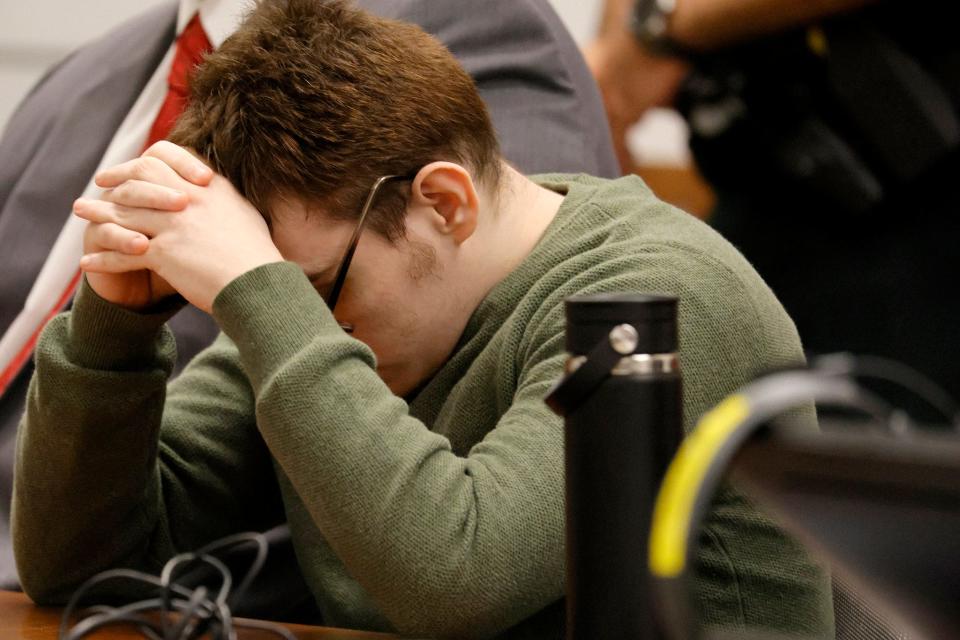 Marjory Stoneman Douglas High School shooter Nikolas Cruz rests his head on his hands after the conclusion of the day’s victim impact statements during the penalty phase of his trial at the Broward County Courthouse in Fort Lauderdale on Wednesday, August 3, 2022. Cruz previously plead guilty to all 17 counts of premeditated murder and 17 counts of attempted murder in the 2018 shootings.