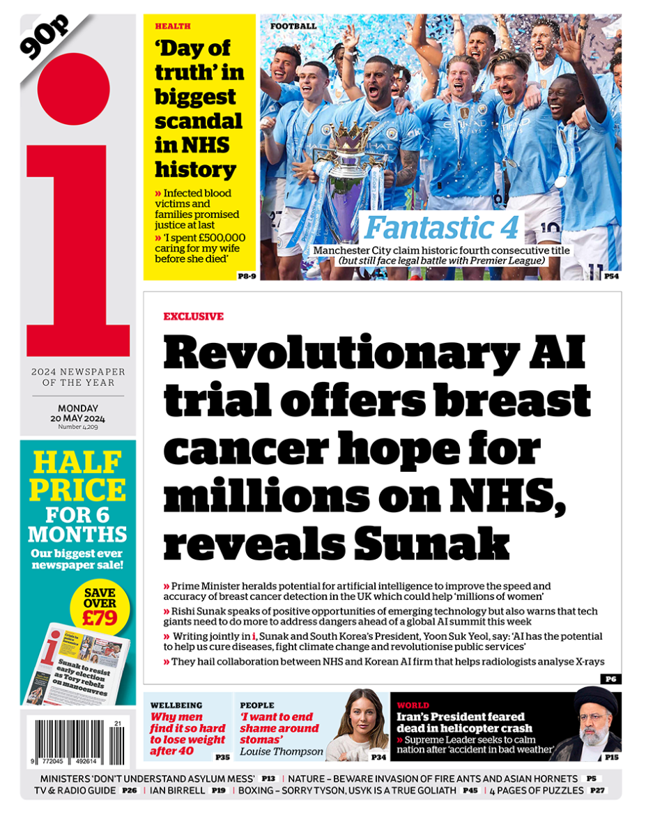 The headline on the front page of the I paper reads: 'Revolutionary AI trial offers breast cancer hope for millions'  
