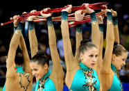 The Belarusian team perform in the 3 Hoops and 2 Clubs rotation in the Group All-Around Final6 of the Beijing 2008 Olympic Games on August 24, 2008 in Beijing, China.