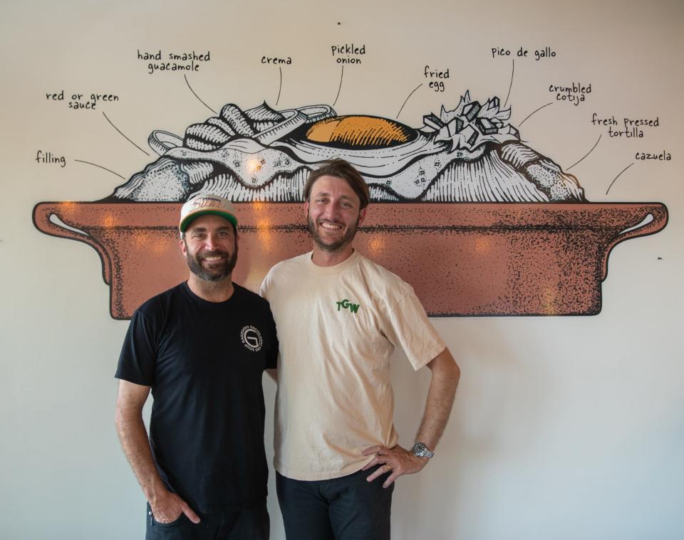 Jared Pool (left) and Aaron Pool (right), brothers and co-owners of Gadzooks, pose for a photo inside one of their shops in Phoenix on March 27, 2023.