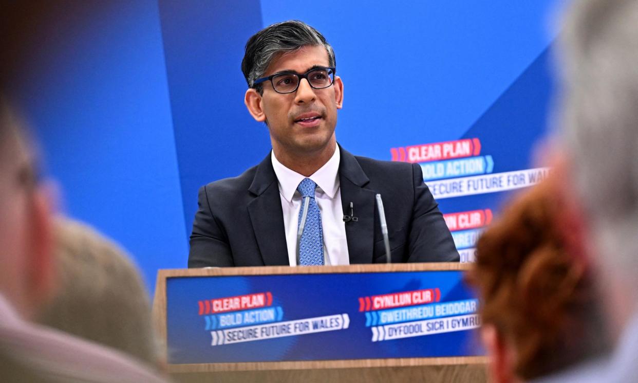 <span>Rishi Sunak faced questions on the Tory betting allegations during an election manifesto event in north Wales last week.</span><span>Photograph: Leon Neal/AFP/Getty Images</span>