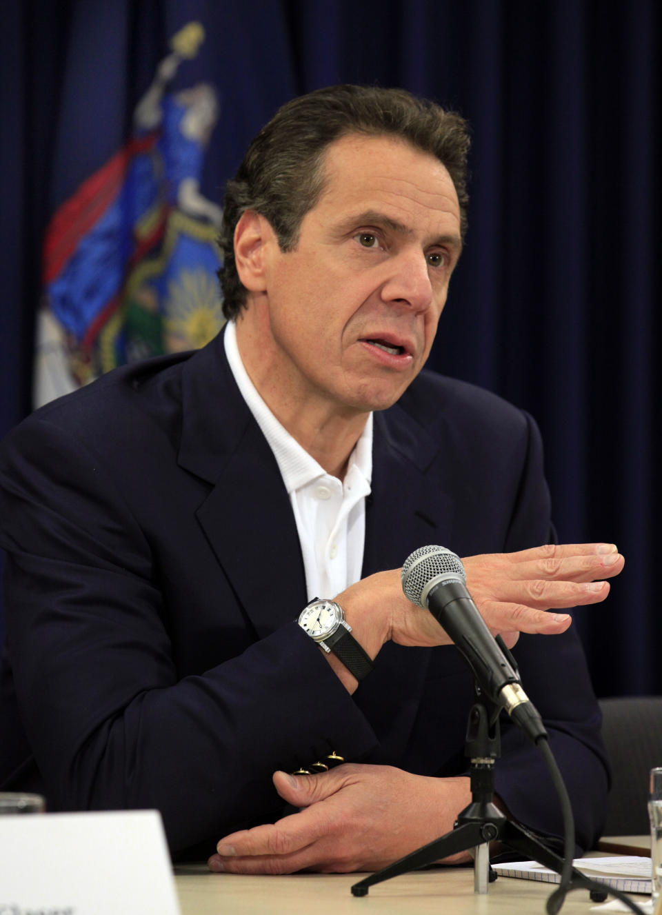 New York Gov. Andrew Cuomo talks during a news conference in New York, Thursday, Nov. 8, 2012. Gov. Cuomo said damage in New York state from Superstorm Sandy could total $33 billion when all is said and done, as the state began cleaning up from a nor'easter that dumped snow, brought down power lines and left hundreds of thousands of new customers in darkness. (AP Photo/Richard Drew)