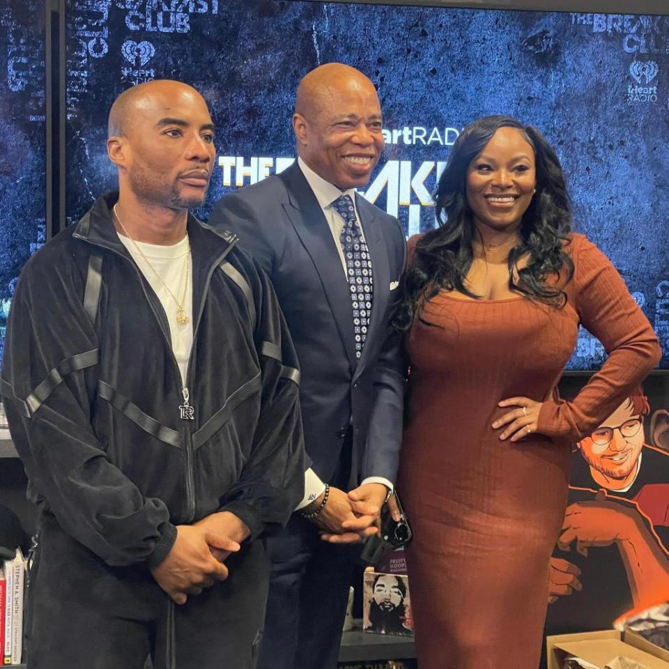 Mayor Eric Adams (center) clashed with attorney Olayemi Olurin (right) over the murder of Police Officer Jonathan Diller during an interview on iHeartMedia’s “The Breakfast Club” with host Charlamagne Tha God (left). Instagram/msolurin