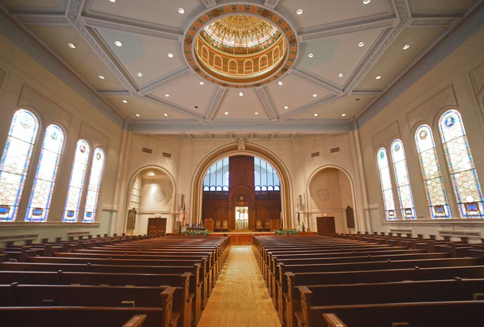 The interior of Temple Beth-El, looking toward the bima, at 385 High St. in Fall River.