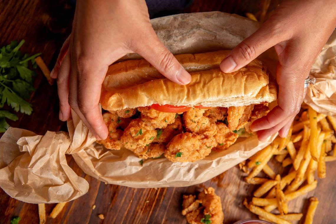 Chef Chelsia Ogletree’s Shrimp Poboy looks cripsy and delicious. Get it at Her Majesty Kitchen in Forsyth.