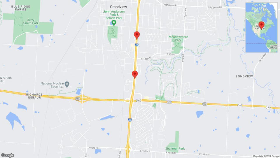A detailed map that shows the affected road due to 'Heavy rain prompts traffic warning on northbound I-40/US-71 in Kansas City' on May 2nd at 4:38 p.m.