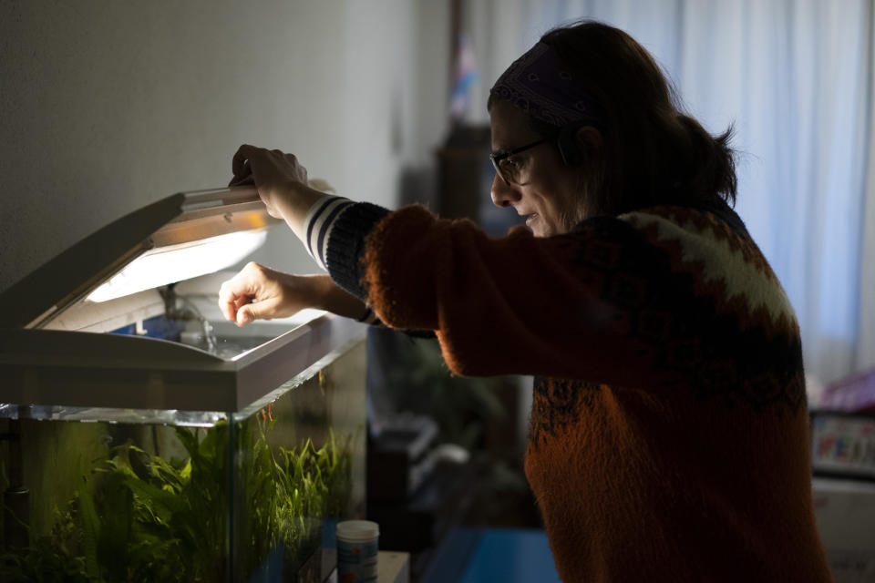 Victoria Martinez, 44, feeds her fish at her home in Barcelona, Spain, Monday, Feb. 8, 2021. By May this year, barring any surprises, Martinez will complete a change of both gender and identity at a civil registry in Barcelona, finally closing a patience-wearing chapter that has been stretched during the pandemic. The process, in her own words, has also been “humiliating.” (AP Photo/Emilio Morenatti)