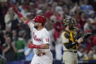Philadelphia Phillies' Kyle Schwarber celebrates his home run during the first inning in Game 3 of the baseball NL Championship Series between the San Diego Padres and the Philadelphia Phillies on Friday, Oct. 21, 2022, in Philadelphia. (AP Photo/Matt Slocum)