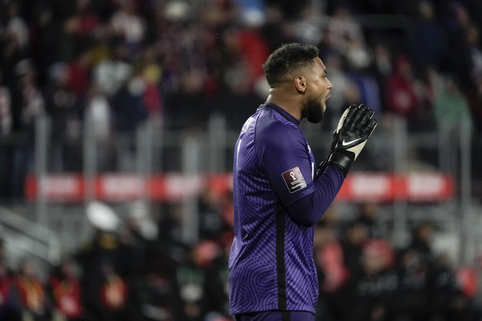 U.S. goalkeeper Zack Steffen yells to teammates during the first half of a FIFA World Cup qualifying soccer match against Mexico, Friday, Nov. 12, 2021, in Cincinnati. (AP Photo/Jeff Dean)