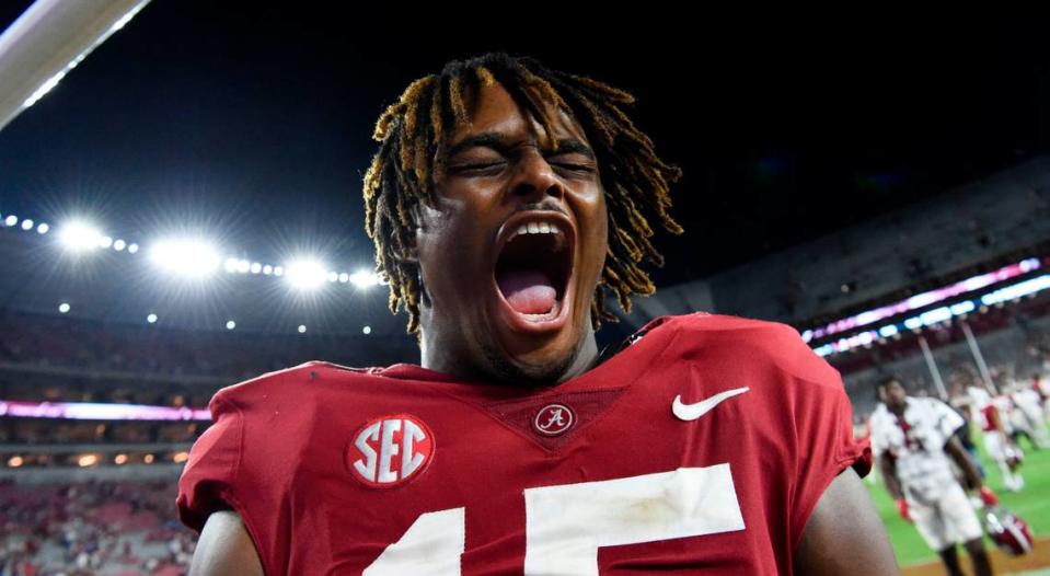 Sep 24, 2022; Tuscaloosa, Alabama, USA; Alabama Crimson Tide linebacker Dallas Turner (15) celebrates after defeating the Vanderbilt Commodores at Bryant-Denny Stadium. Alabama won 55-3. Mandatory Credit: Gary Cosby Jr.-USA TODAY Sports