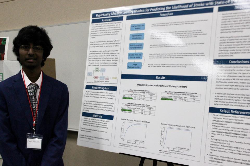 Rider High School student Sai Chada's is seen with his project which won the regional science fair Feb. 17. He will go on to complete in the International Science and Engineering Fair in May.