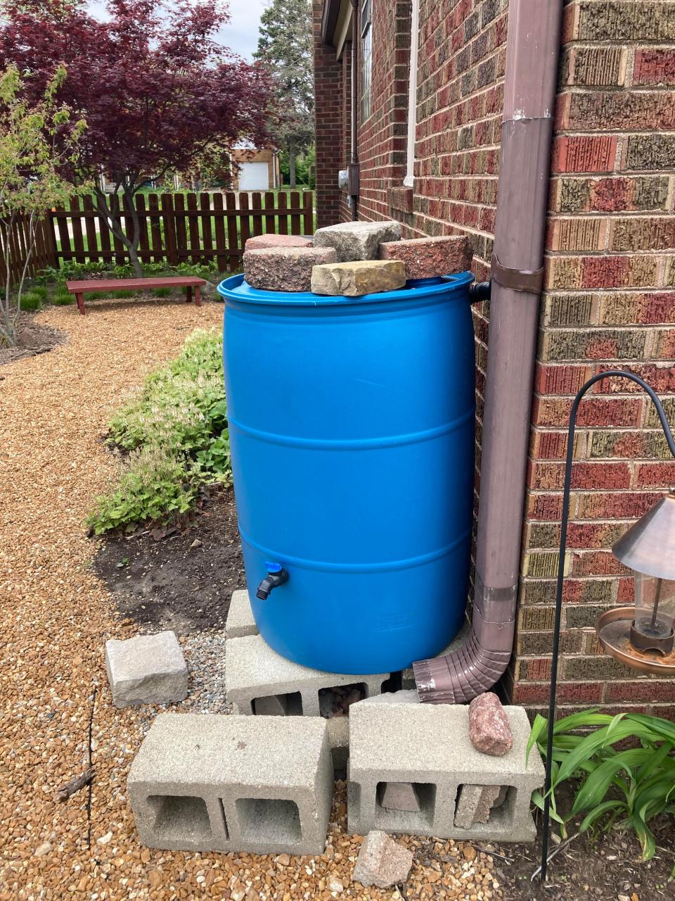 John Hazlett, with the Marion County Soil and Water Conservation District, connected his rain barrel to the side of his downspout with a valve that switches back to the downspout for the overflow. The downspout then conveys overflow to his rain garden full of native plants. Most other barrels will have the overflow on the side of the barrel.