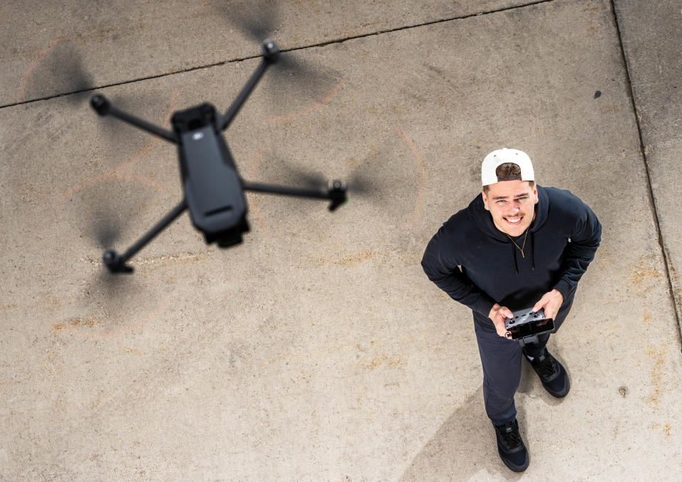 Drew Dau flies his drone near his home in Des Moines.