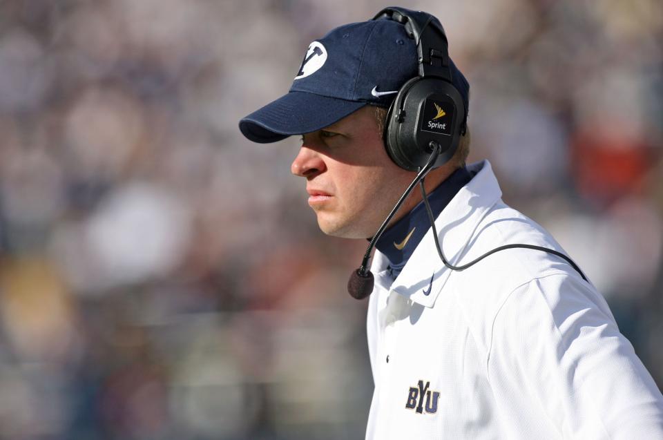 BYU coach Bronco Mendenhall watches as BYU faces Air Force at Lavell Edwards Stadium in Provo Saturday, Oct. 29, 2005. The former BYU and Virginia coach has returned to the West as the head coach of the New Mexico Lobos. | Jason Olson, Deseret News