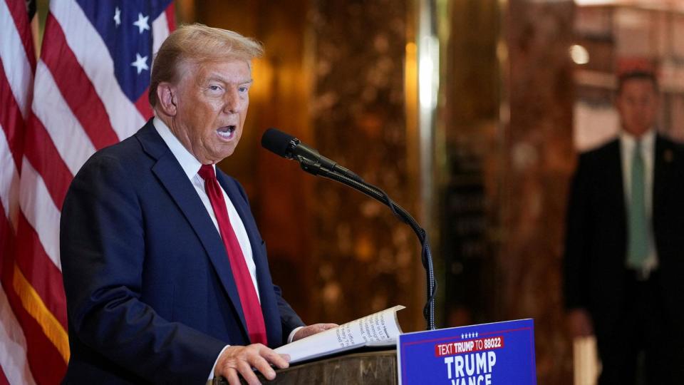 PHOTO: Republican presidential nominee and former President Donald Trump speaks to the press at Trump Tower in New York, on Sept. 26, 2024.  (David Dee Delgado/Reuters)