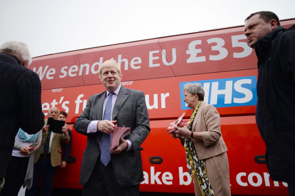 Former Mayor of London Boris Johnson speaks to Vote Leave campaigners as he boards the Vote Leave campaign bus in Truro, Cornwall, ahead of its inaugural journey which will criss-cross the country over the coming weeks to take the Brexit message to all corners of the UK before the June 23 referendum.