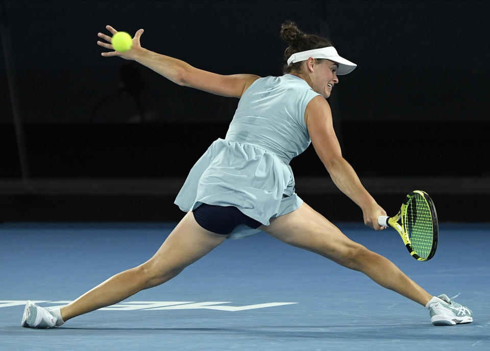 United States' Jennifer Brady hits a return to Japan's Naomi Osaka during the women's singles final at the Australian Open tennis championship in Melbourne, Australia, Saturday, Feb. 20, 2021.(AP Photo/Andy Brownbill)