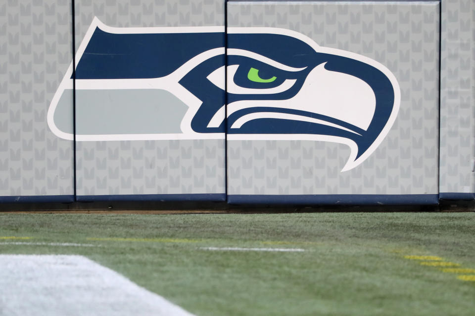 SEATTLE, WASHINGTON - NOVEMBER 19: A general view of a Seattle Seahawks logo at Lumen Field on November 19, 2020 in Seattle, Washington. (Photo by Abbie Parr/Getty Images)