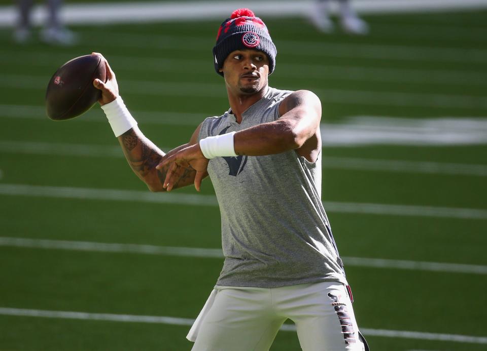 Jan 3, 2021; Houston, Texas, USA; Houston Texans quarterback Deshaun Watson (4) warms up before a game against the Tennessee Titans at NRG Stadium. Mandatory Credit: Troy Taormina-USA TODAY Sports