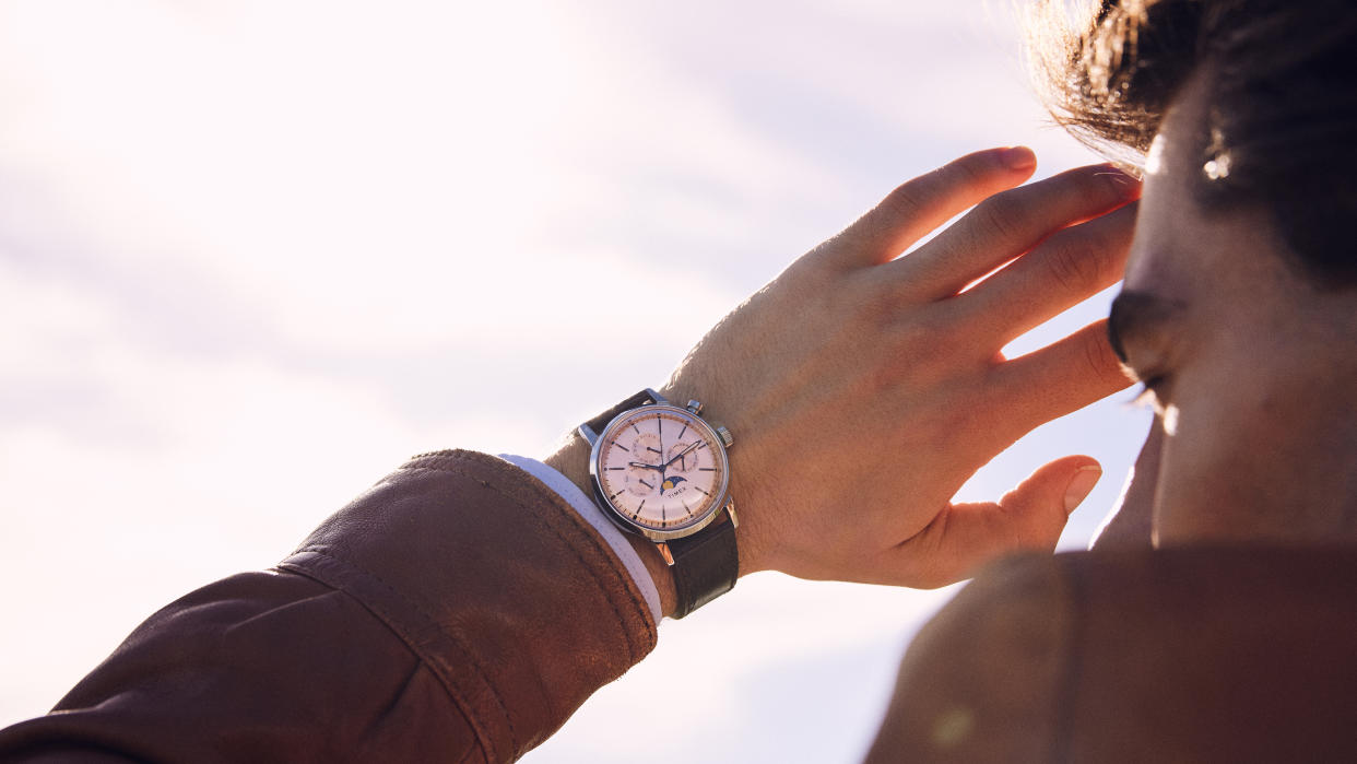  The Timex Marlin Moonphase worn on a wrist. 