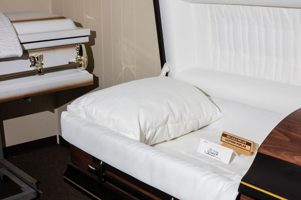 Caskets in a showroom at Galante Funeral Home<span class="copyright">Bryan Anselm for TIME</span>