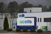 The logo of QCells is seen at the QCells solar energy manufacturing factory in Dalton