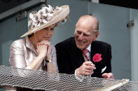 EPSOM, ENGLAND - JUNE 04: Prince Philip, Duke of Edinburgh and Sophie Rhys-Jones, Countess of Wessex wait for the start of the Epsom Derby at Epsom Downs racecourse on June 4, 2011 in Epsom, England. Carlton Hall had been the Bookmakers favourite to win the Derby, but came in third place, with Pour Moi winning. (Photo by Matthew Lloyd/Getty Images)