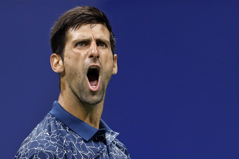 Novak Djokovic, of Serbia, celebrates a point against Richard Gasquet, of France, during the third round of the U.S. Open tennis tournament Saturday, Sept. 1, 2018, in New York. (AP Photo/Adam Hunger)