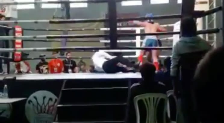 Being an MMA official comes with some risks, as this Muay Thai referee found out over the weekend. (Screen grab via teamshogunlb/Instagram)