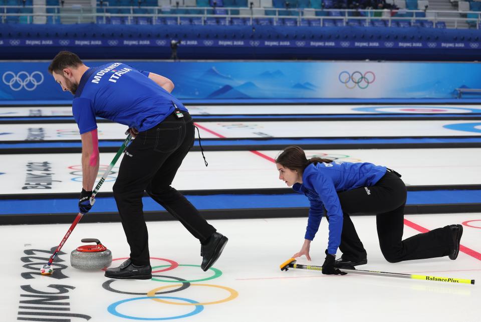 Amos Mosaner of Team Italy and Stefania Constantini of Team Italy compete against Team Norway during the Curling Mixed Doubles (Getty Images)