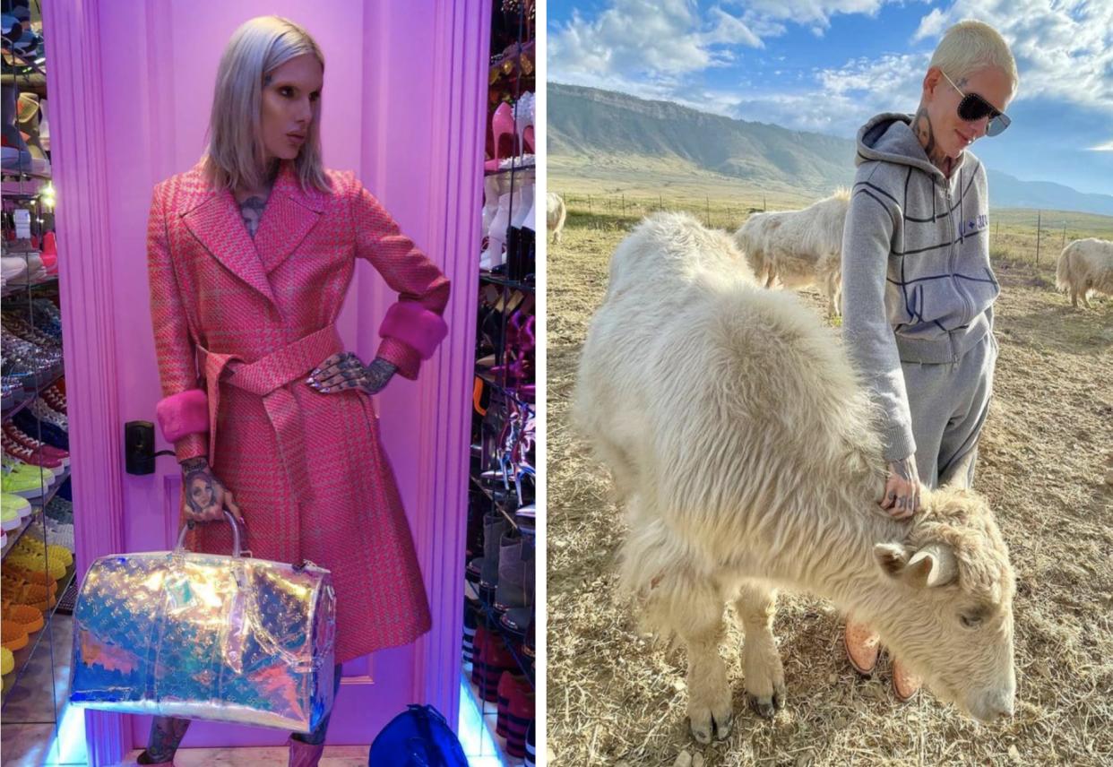 In February 2019, Jeffree Star posed in his designer shoe vault (L). In August 2021, he's posing with yaks on his ranch (R).