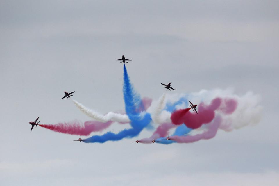 The Royal Air Force aerobatic team, the Red Arrows, perform during The Royal International Air Tattoo at the RAF in Fairford