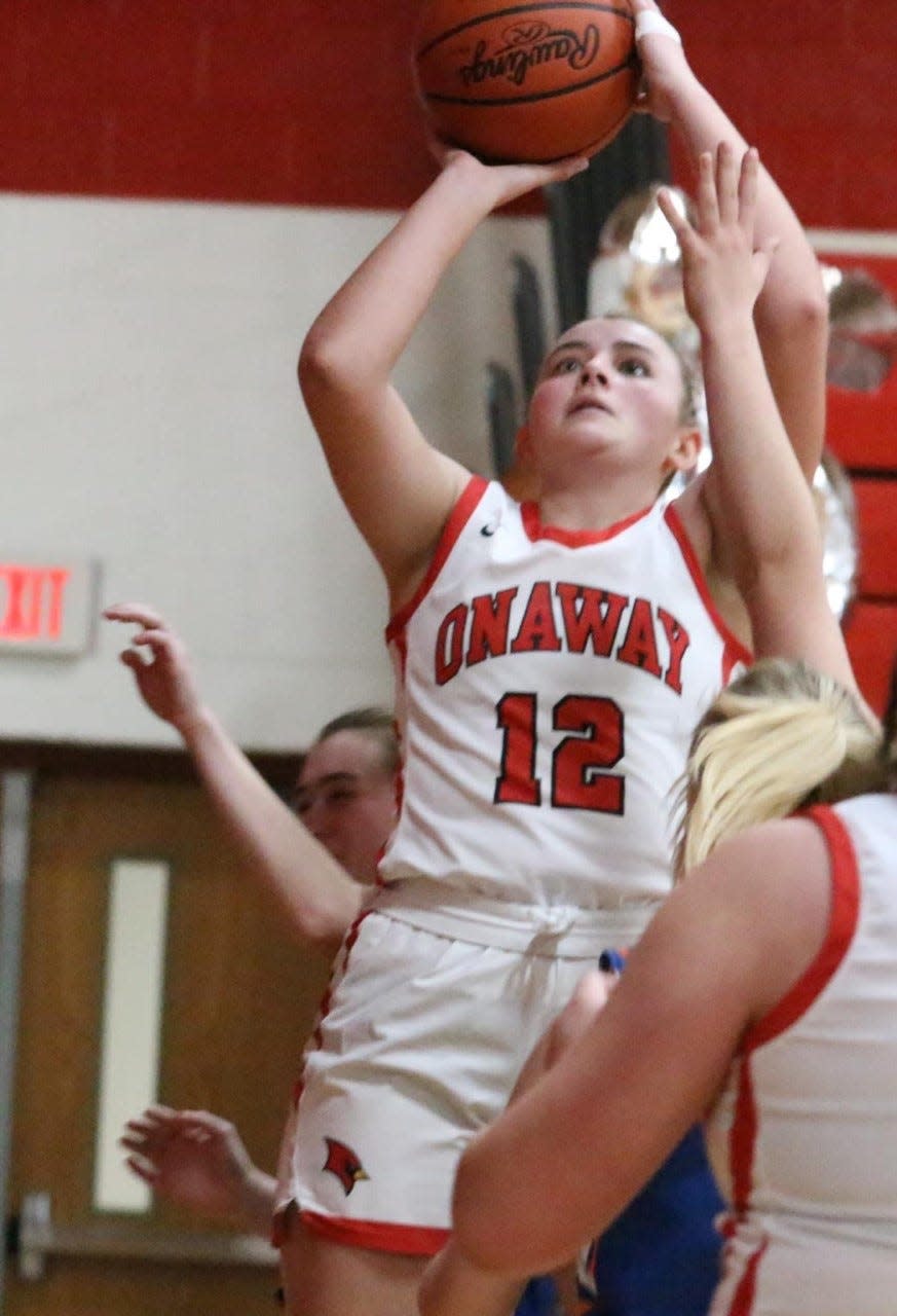 Senior Aubrey Benson (12) scored a game-high 17 points for the Onaway girls, who picked up a home victory over Central Lake on Wednesday.