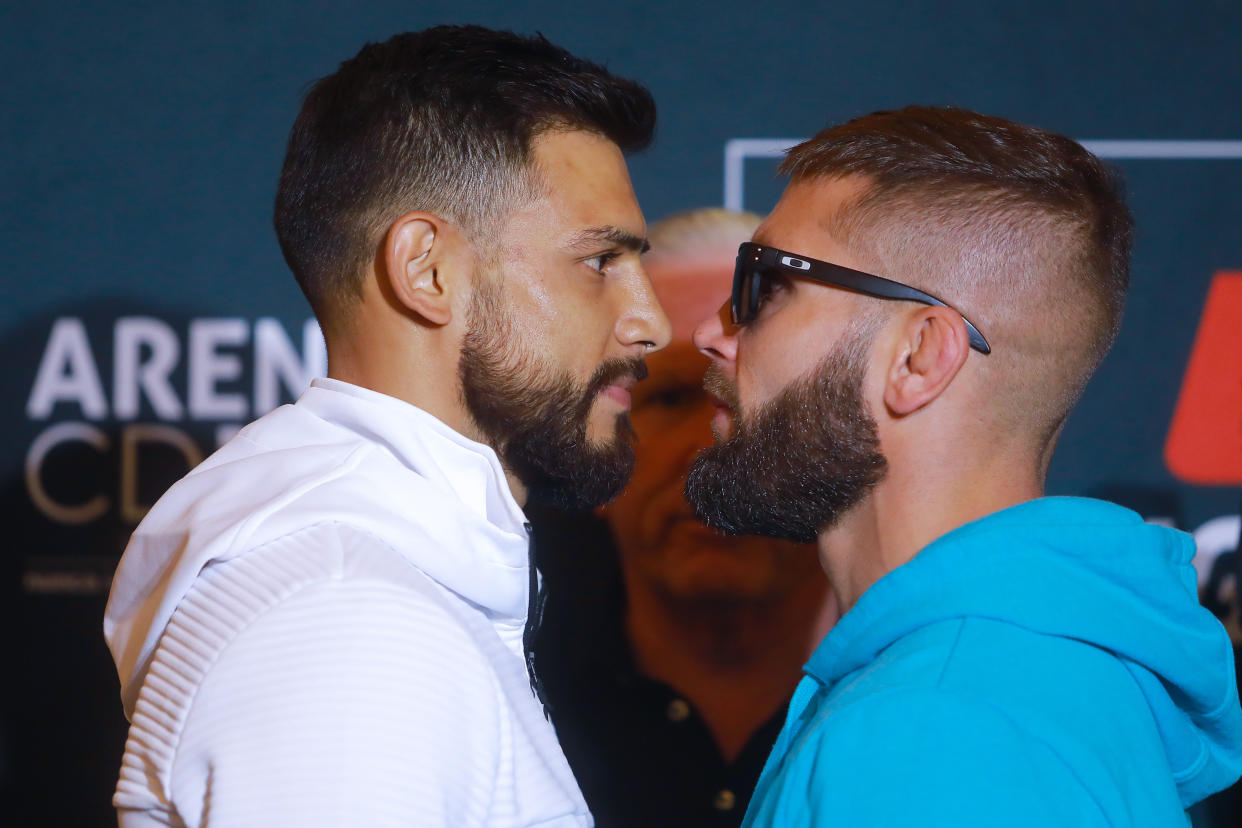 MEXICO CITY, MEXICO - SEPTEMBER 19: Yahir Rodriguez of Mexico and Jeremy Stephens of USA face of during the UFC Fight Night Rodriguez v Stephens: Ultimate Media Day on September 19, 2019 in Mexico City, Mexico. (Photo by Hector Vivas/Zuffa LLC/Zuffa LLC)