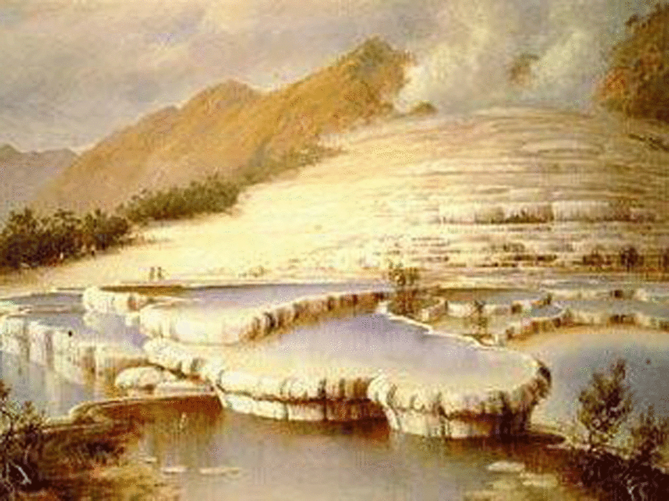 Pink and white terraces of Lake Rotomahana were believed to have been lost in the 1886 Mt Tarawera volcanic eruption (Supplied)