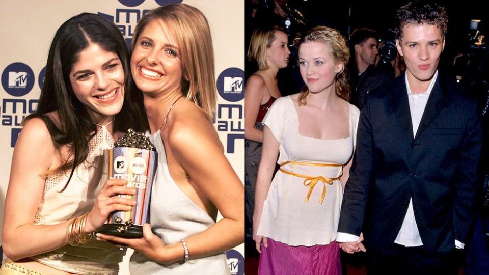 selma blair sarah michell gellar mtv movie award golden popcorn reese witherspoon ryan phillippe celebrity couple 1999 Cruel Intentions movie premier Cast then now 25th anniversary