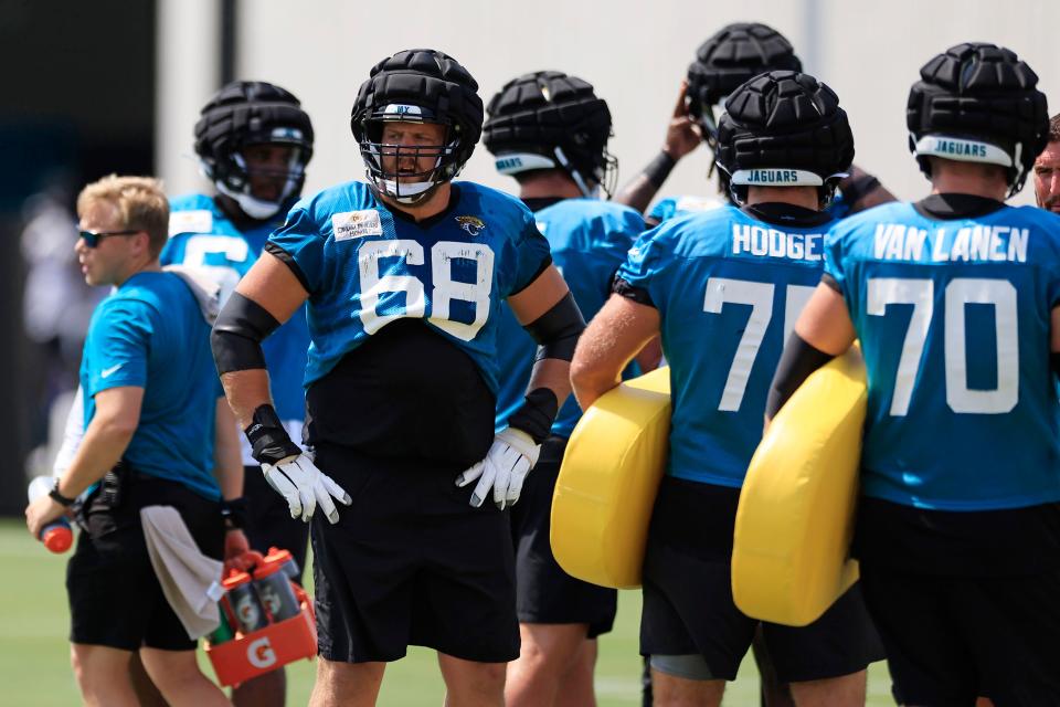 Jacksonville Jaguars guard Brandon Scherff (68) looks on Monday, Aug. 14, 2023 at Miller Electric Center at EverBank Stadium in Jacksonville, Fla. Today was the 14th training camp session. 