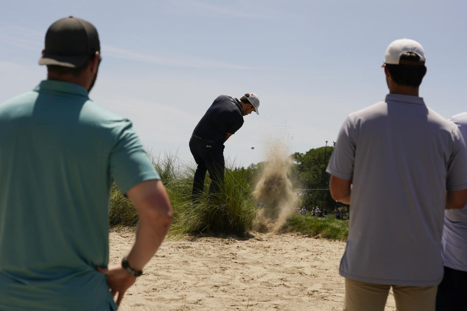 Patrick Cantlay hits on the first hole during the third round at the PGA Championship golf tournament on the Ocean Course Saturday, May 22, 2021, in Kiawah Island, S.C. (AP Photo/Chris Carlson)