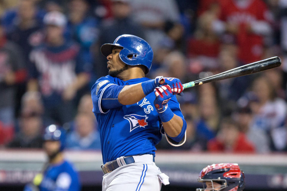 14 October 2016: Toronto Blue Jays First base Edwin Encarnacion (10) doubles to right field during the first inning of the American League Championship Series Game 1 between the Toronto Blue Jays and Cleveland Indians at Progressive Field in Cleveland, OH. Cleveland defeated Toronto 2-0. (Photo by Frank Jansky/Icon Sportswire via Getty Images)